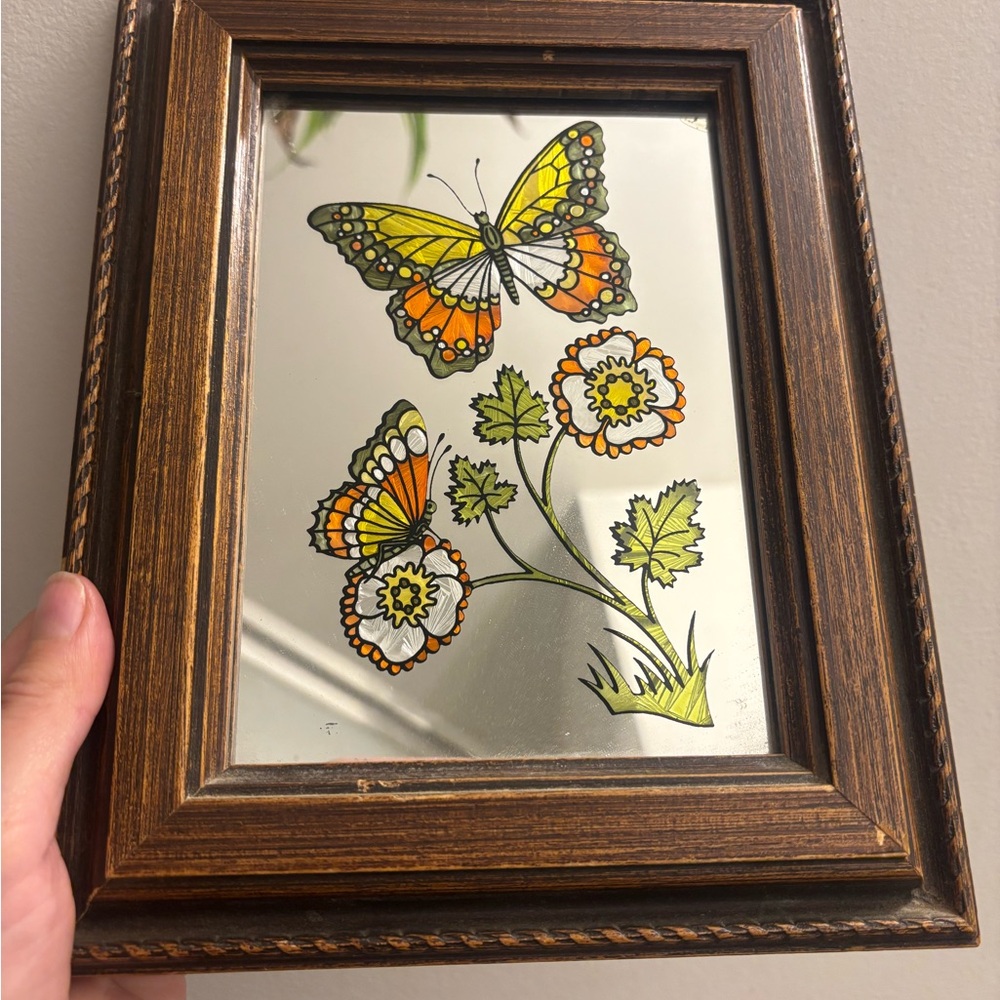 1970's "Joan Baker Designs" Decorative Butterfly Stained Glass Mirror 8x10"